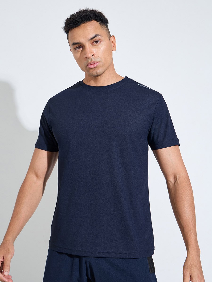 Navy Blue Solid Round Neck Short Sleeves Regular Fit Active T-Shirt