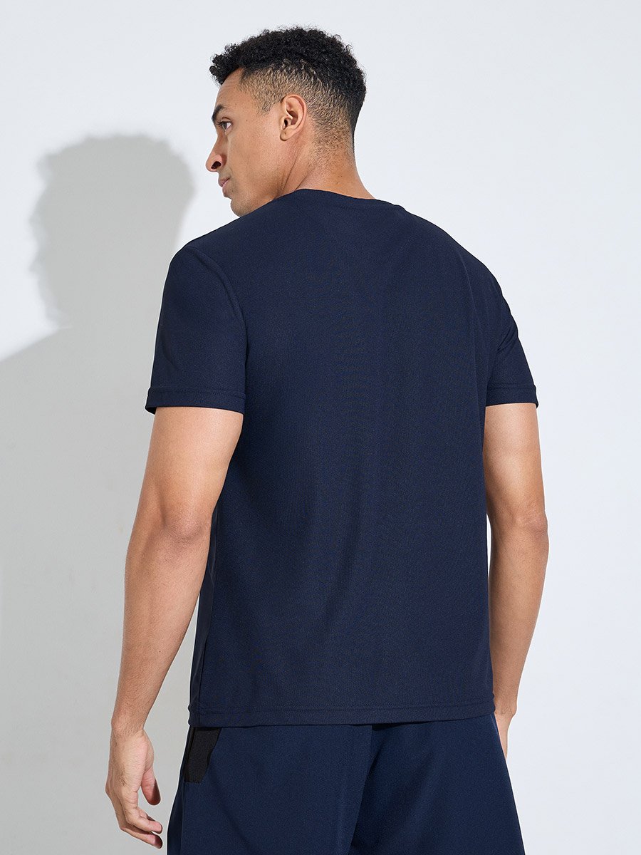 Navy Blue Solid Round Neck Short Sleeves Regular Fit Active T-Shirt