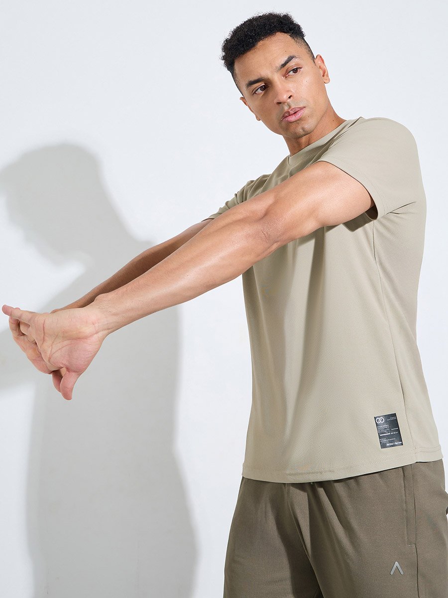 Beige Solid Patchwork Detail Regular Fit Active T-Shirt 