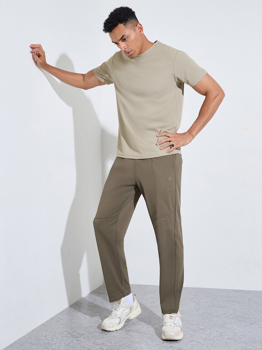 Beige Solid Patchwork Detail Regular Fit Active T-Shirt 