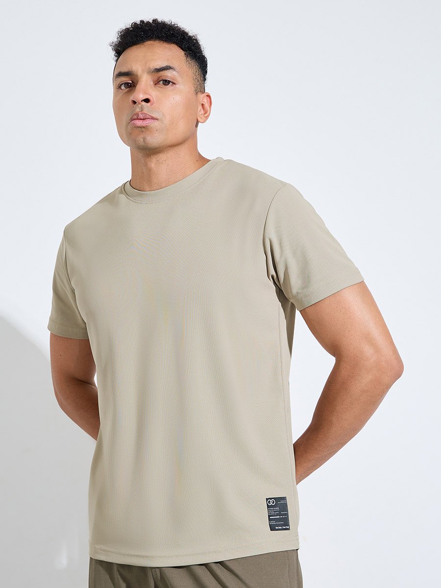Beige Solid Patchwork Detail Regular Fit Active T-Shirt 