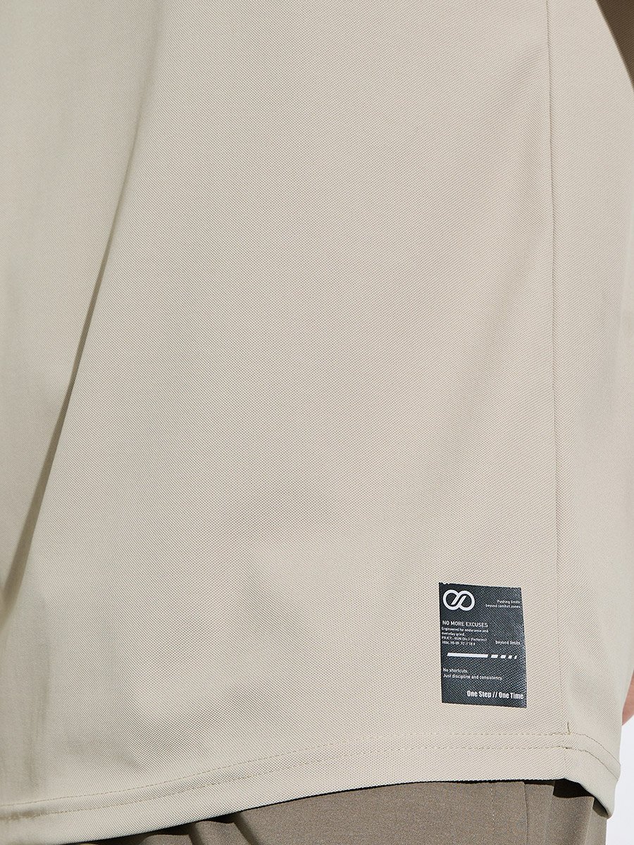 Beige Solid Patchwork Detail Regular Fit Active T-Shirt 