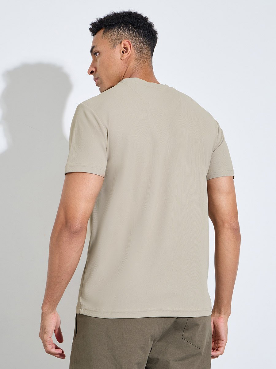 Beige Solid Patchwork Detail Regular Fit Active T-Shirt 