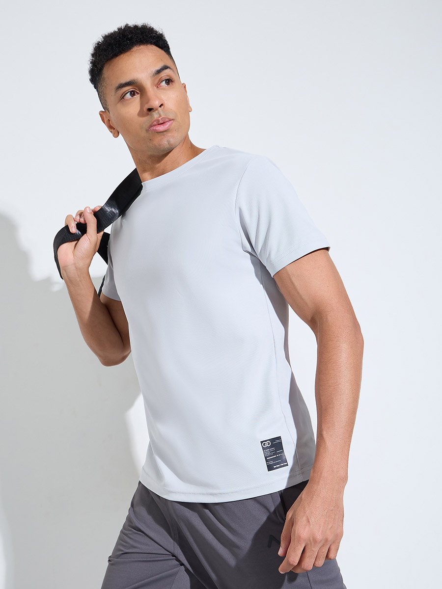 Grey Solid Patchwork Detail Regular Fit Active T-Shirt 