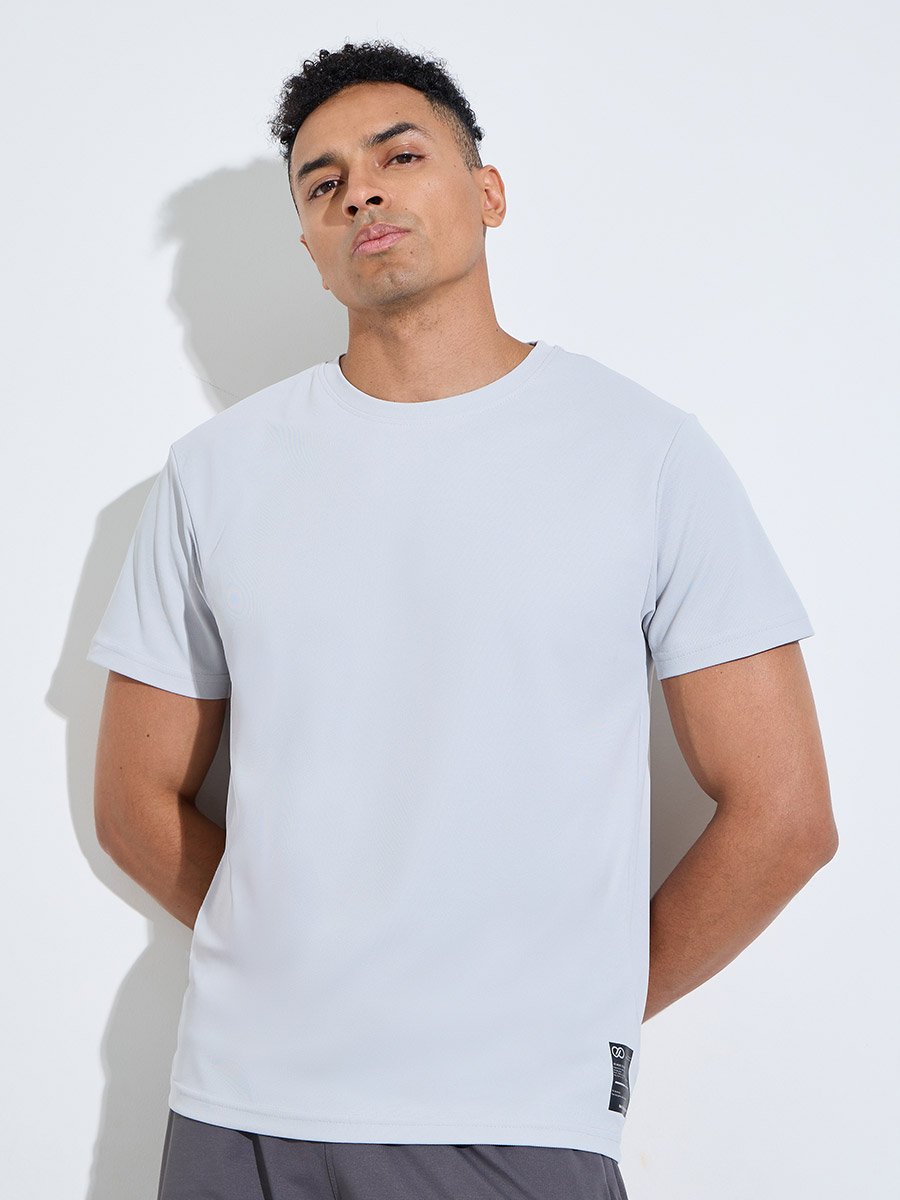 Grey Solid Patchwork Detail Regular Fit Active T-Shirt 