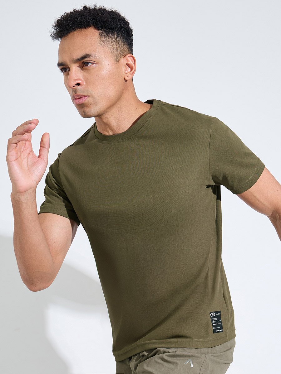 Olive Solid Patchwork Detail Regular Fit Active T-Shirt 