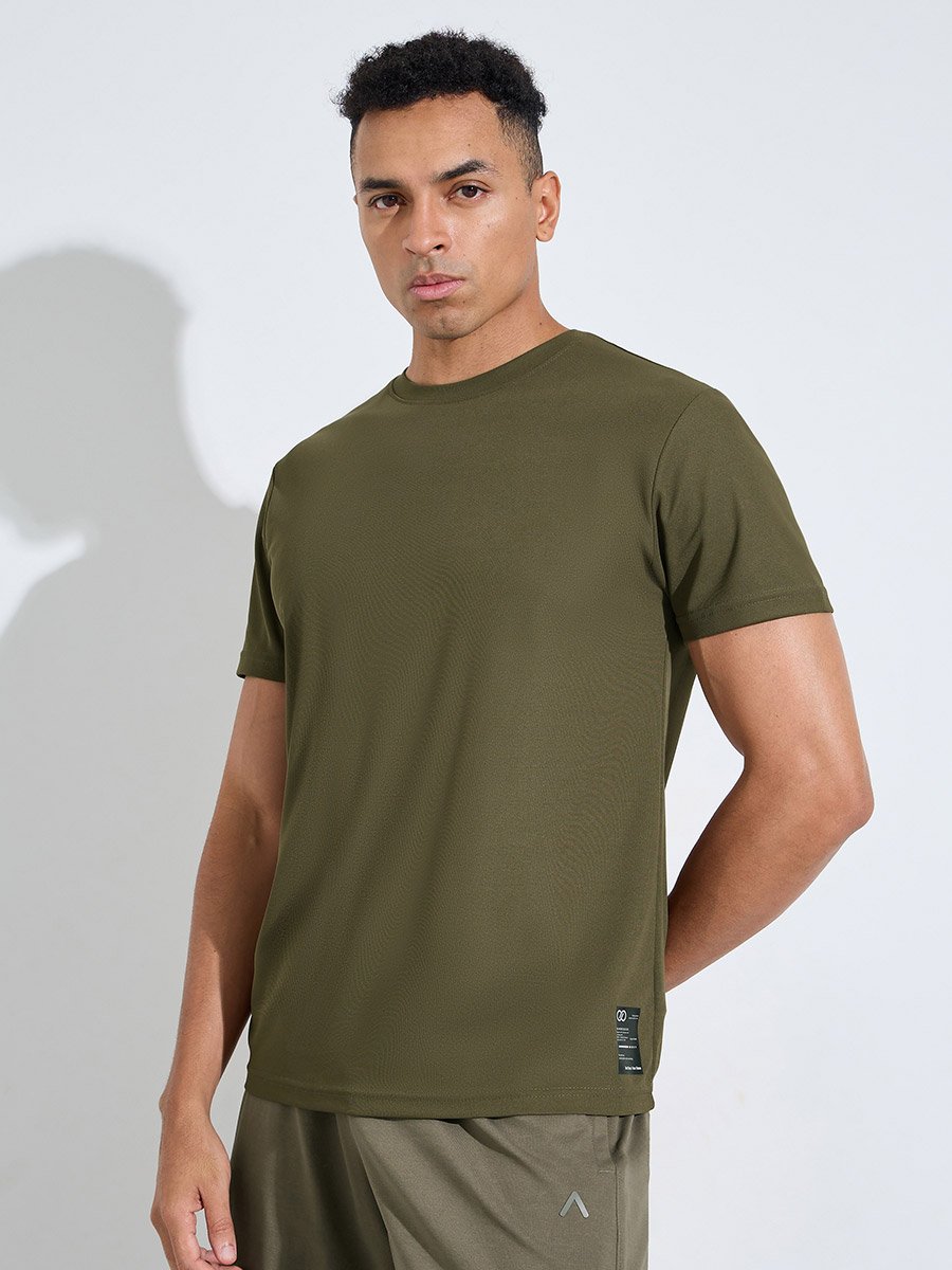 Olive Solid Patchwork Detail Regular Fit Active T-Shirt 