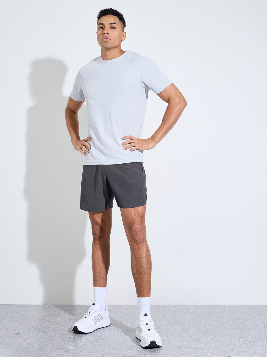 Grey Solid Side Slit Regular Fit Running Shorts with Zipper Pocket