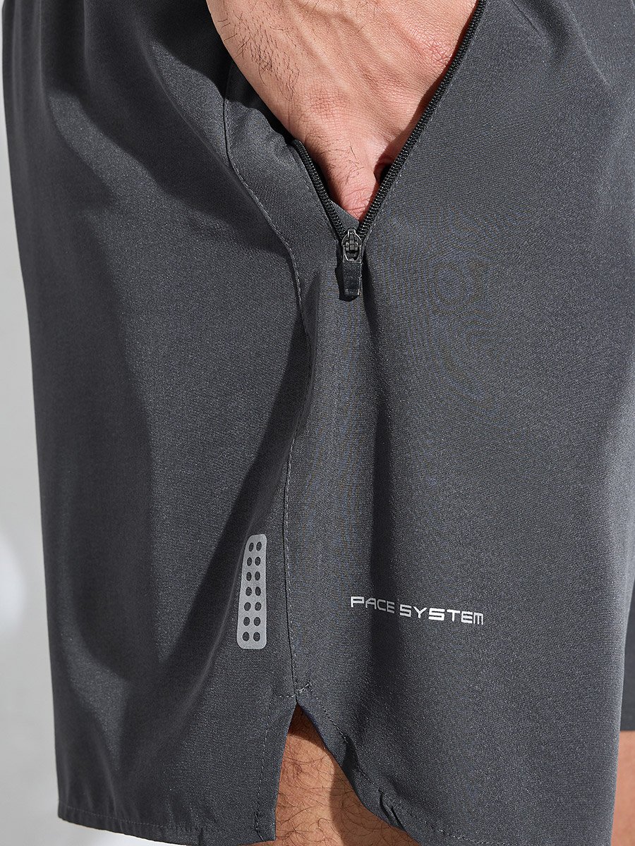 Grey Solid Side Slit Regular Fit Running Shorts with Zipper Pocket