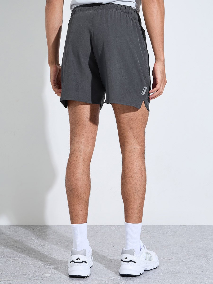 Grey Solid Side Slit Regular Fit Running Shorts with Zipper Pocket