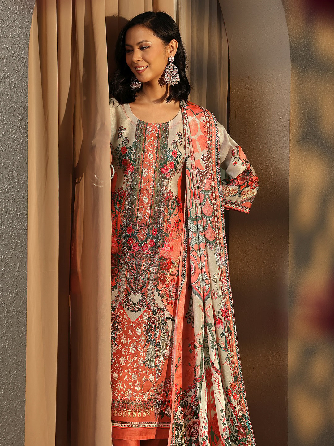 Peach Printed Silk Blend Straight Kurta, Trousers and Dupatta Set