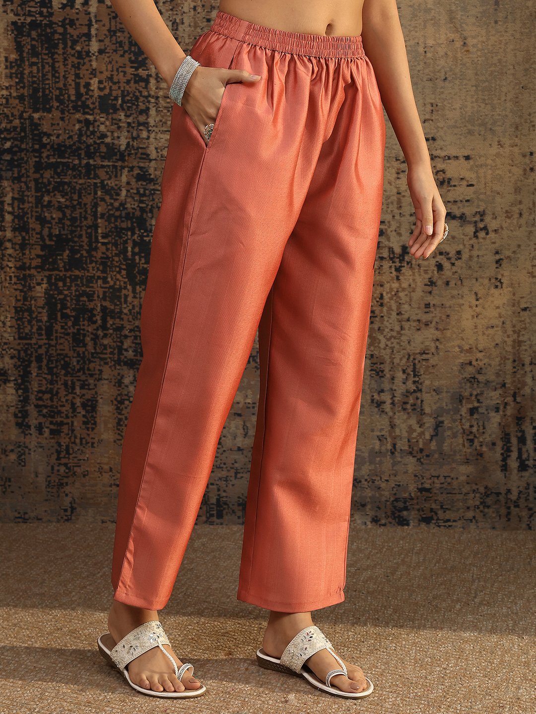 Peach Printed Silk Blend Straight Kurta, Trousers and Dupatta Set
