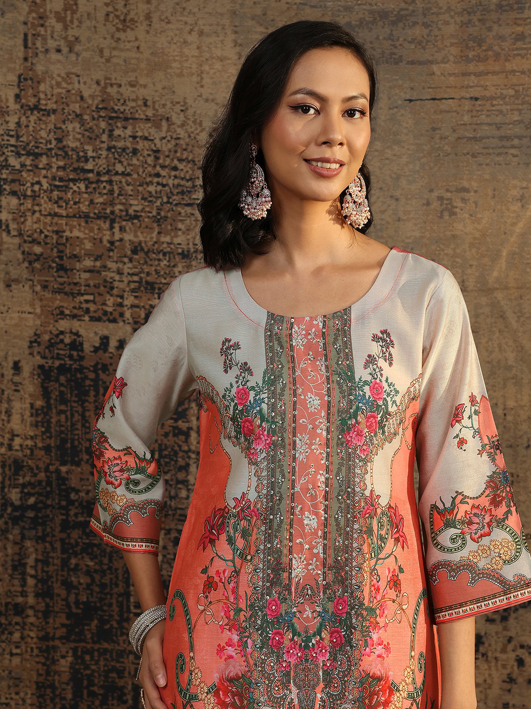 Peach Printed Silk Blend Straight Kurta, Trousers and Dupatta Set