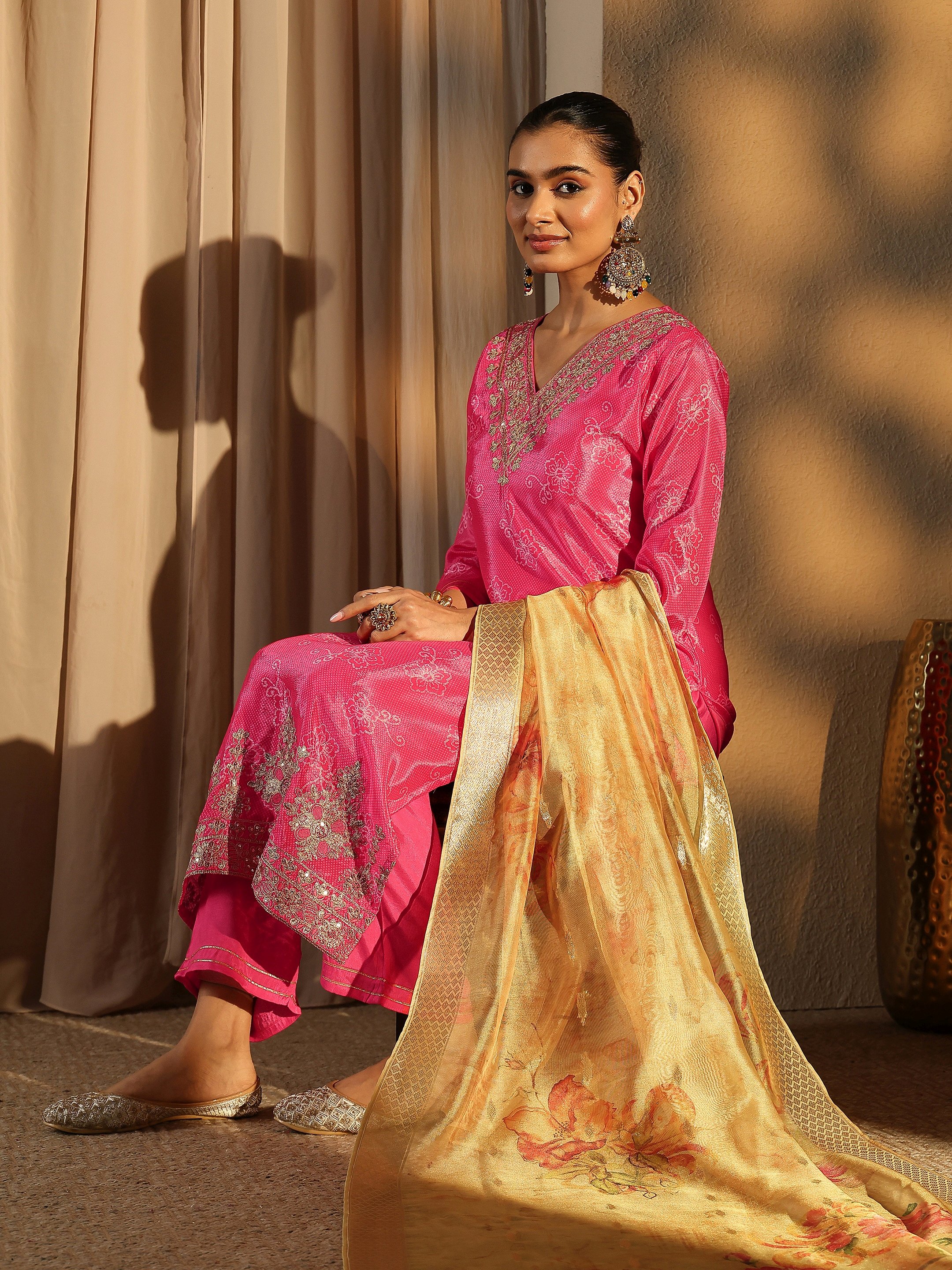 Pink Printed Chinon Straight Kurta, Trousers and Dupatta Set