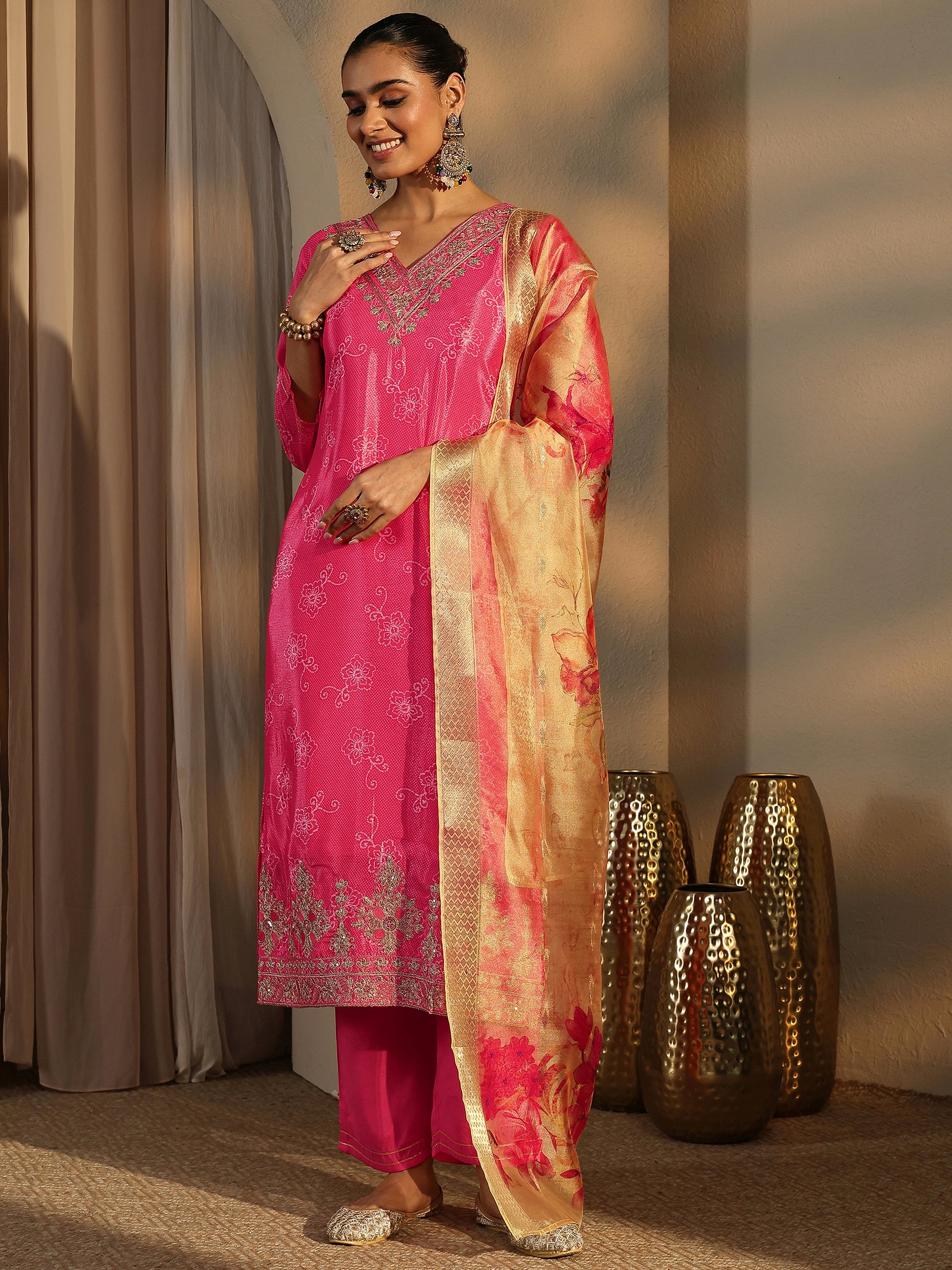 Pink Printed Chinon Straight Kurta, Trousers and Dupatta Set