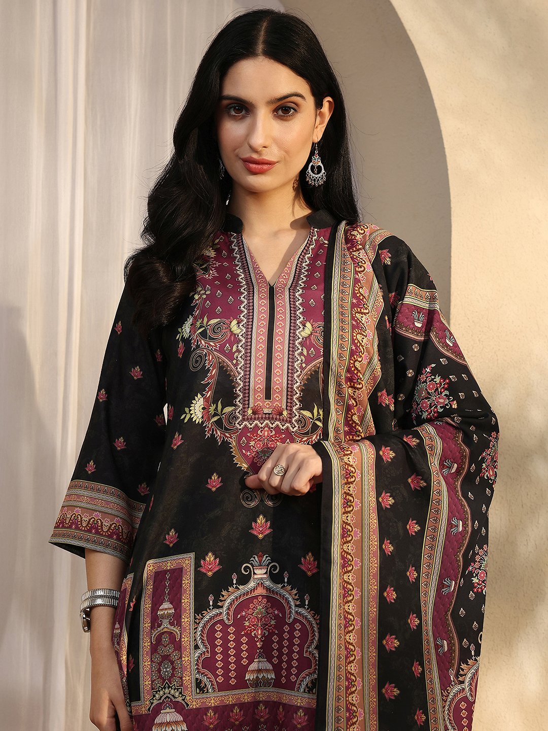 Black Printed Cotton Blend Straight Kurta, Trousers and Dupatta Set