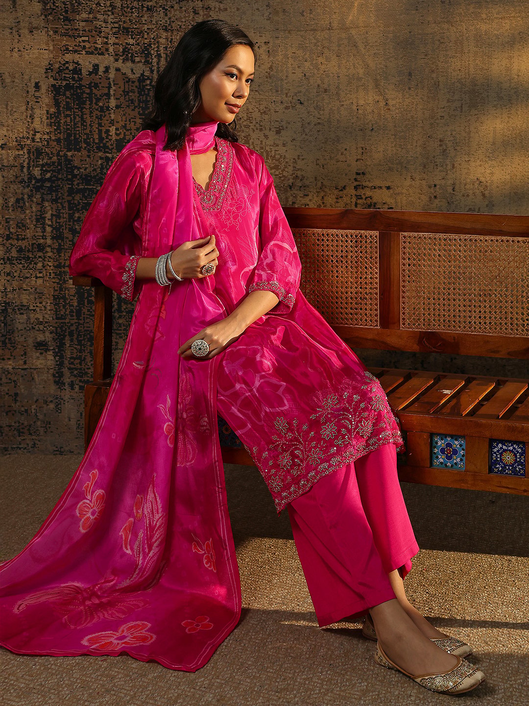Pink Printed Silk Blend Straight Kurta, Palazzos and Dupatta Set