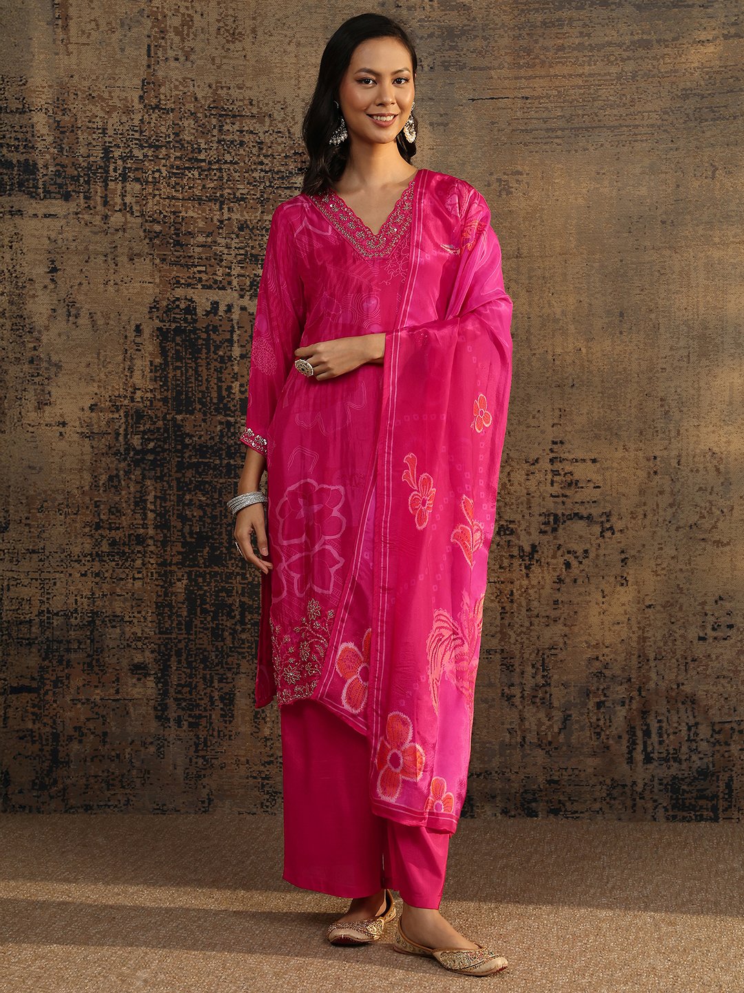 Pink Printed Silk Blend Straight Kurta, Palazzos and Dupatta Set