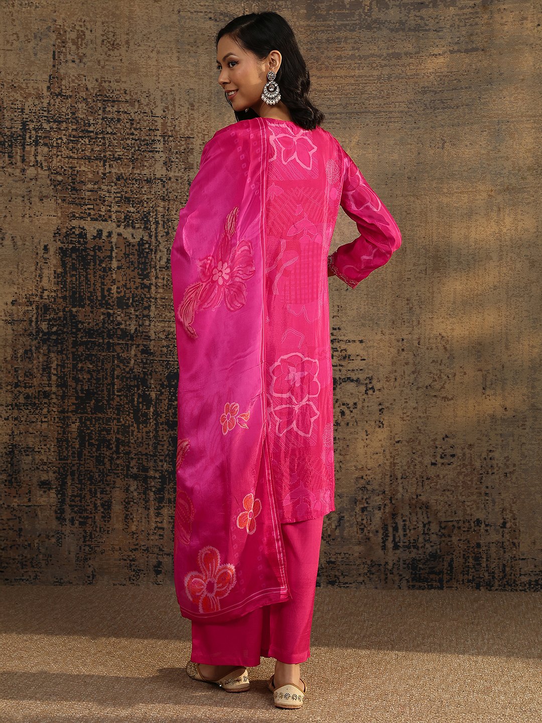 Pink Printed Silk Blend Straight Kurta, Palazzos and Dupatta Set