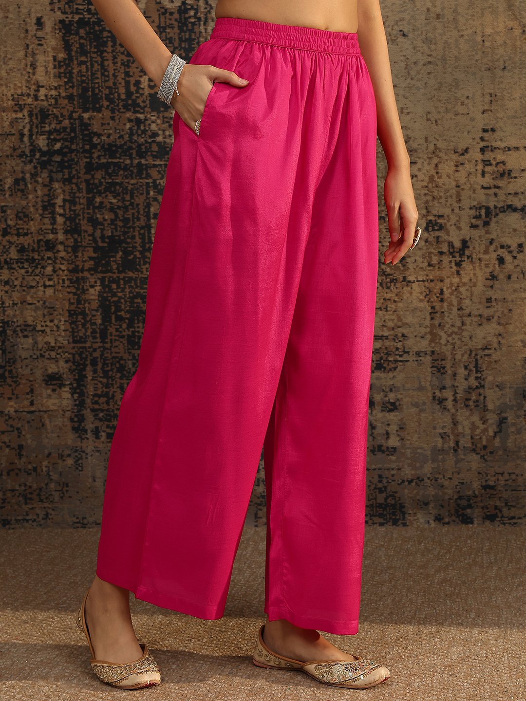 Pink Printed Silk Blend Straight Kurta, Palazzos and Dupatta Set