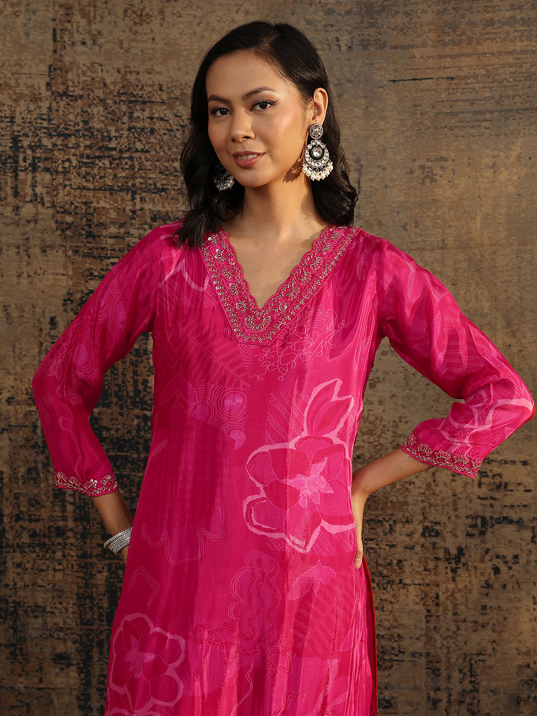 Pink Printed Silk Blend Straight Kurta, Palazzos and Dupatta Set