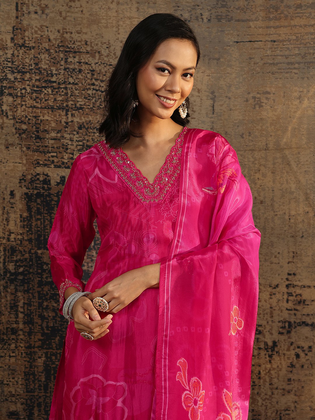Pink Printed Silk Blend Straight Kurta, Palazzos and Dupatta Set