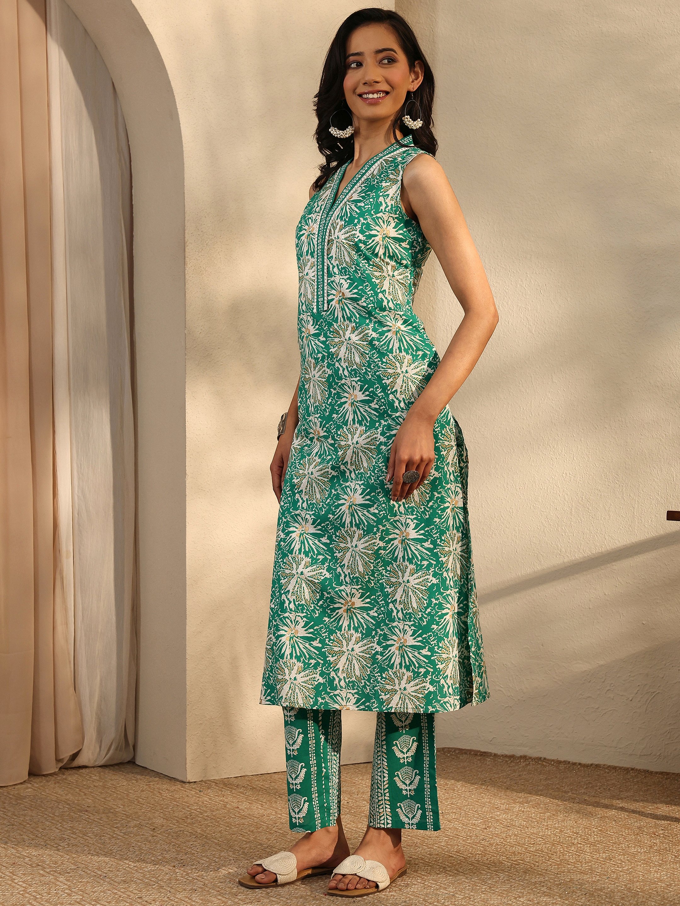 Green Printed Cotton Straight Kurta and Trousers Set