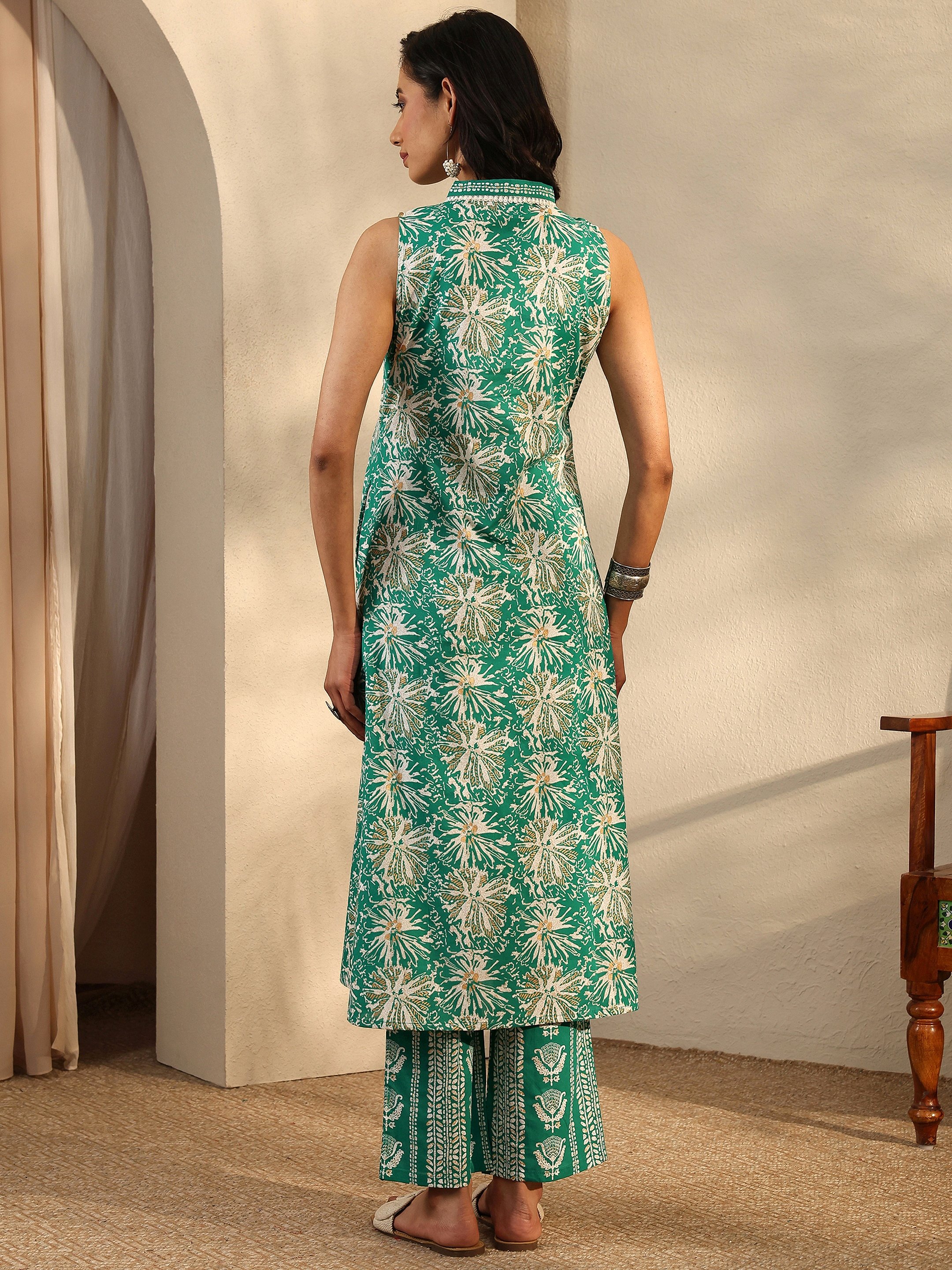 Green Printed Cotton Straight Kurta and Trousers Set