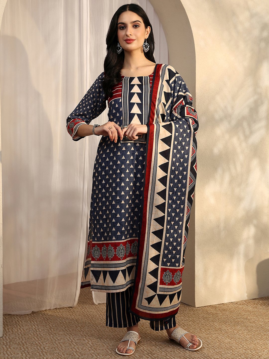 Navy Blue Printed Cotton Blend Straight Kurta, Trousers and Dupatta Set