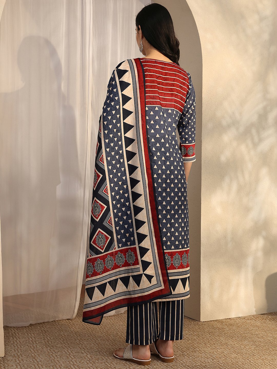 Navy Blue Printed Cotton Blend Straight Kurta, Trousers and Dupatta Set
