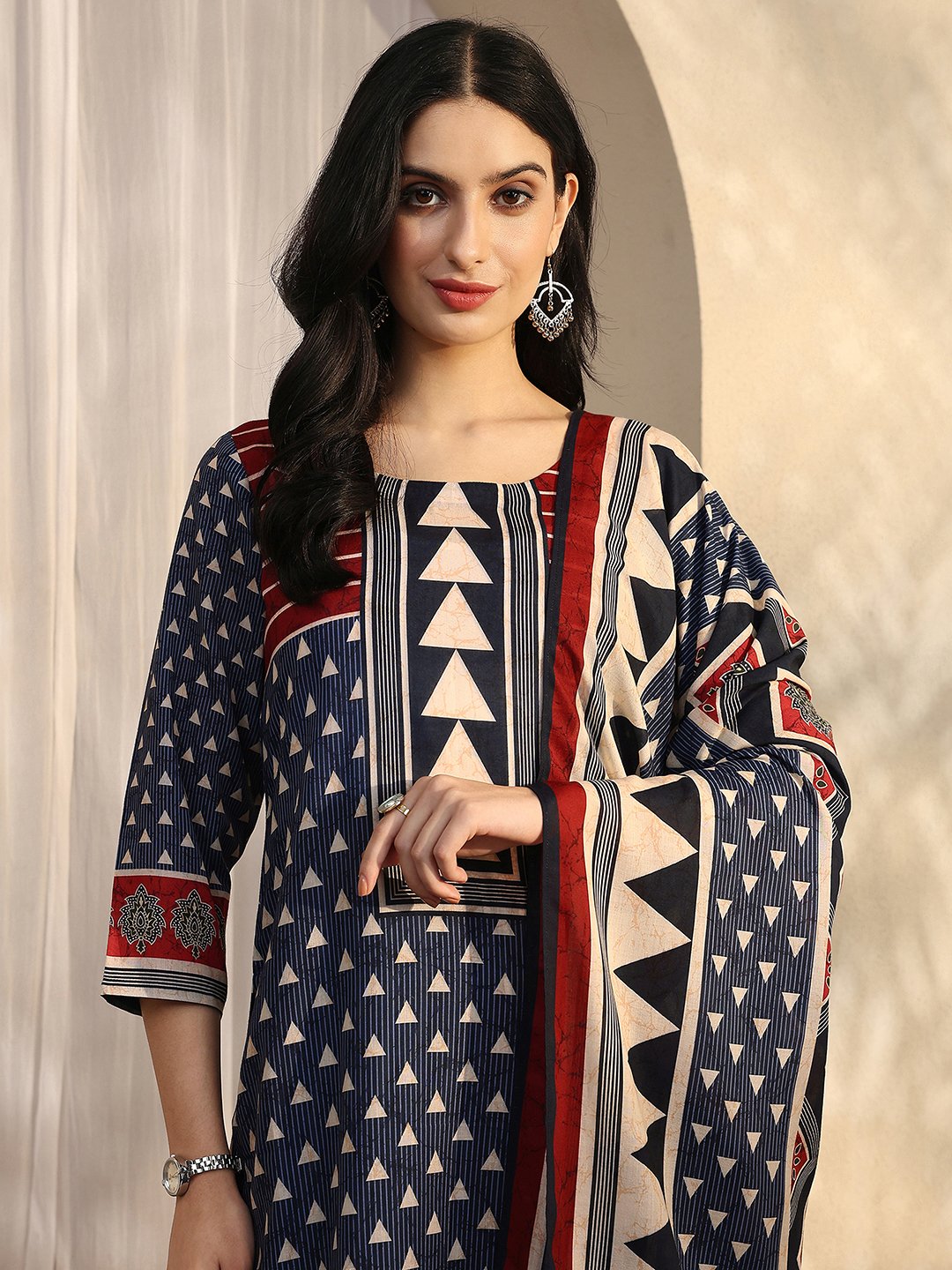 Navy Blue Printed Cotton Blend Straight Kurta, Trousers and Dupatta Set