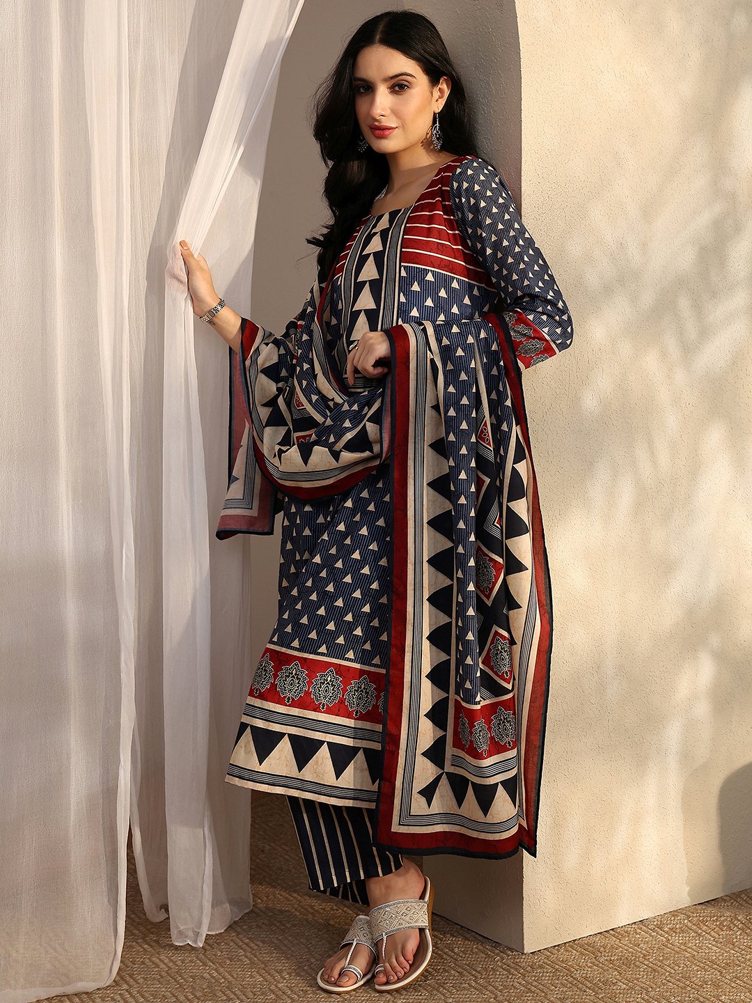 Navy Blue Printed Cotton Blend Straight Kurta, Trousers and Dupatta Set