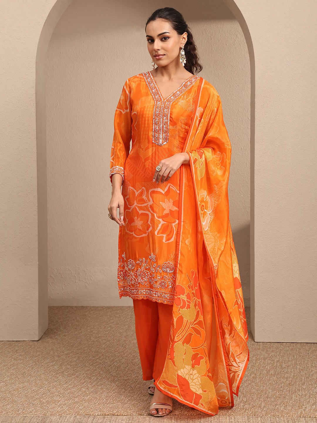 Orange Printed Silk Blend Straight Kurta, Palazzos and Dupatta Set