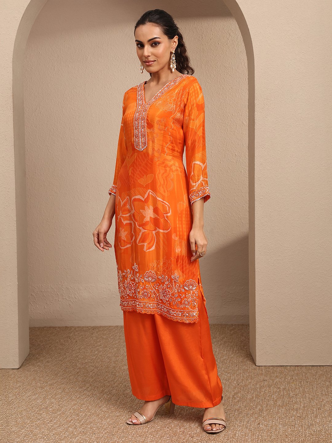 Orange Printed Silk Blend Straight Kurta, Palazzos and Dupatta Set
