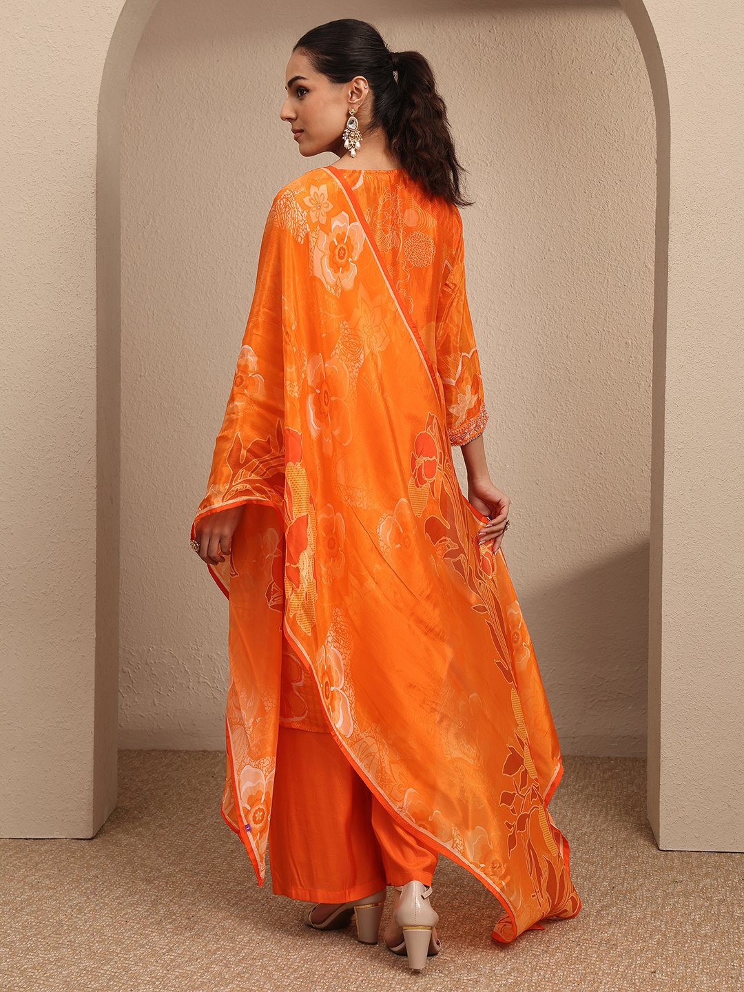 Orange Printed Silk Blend Straight Kurta, Palazzos and Dupatta Set