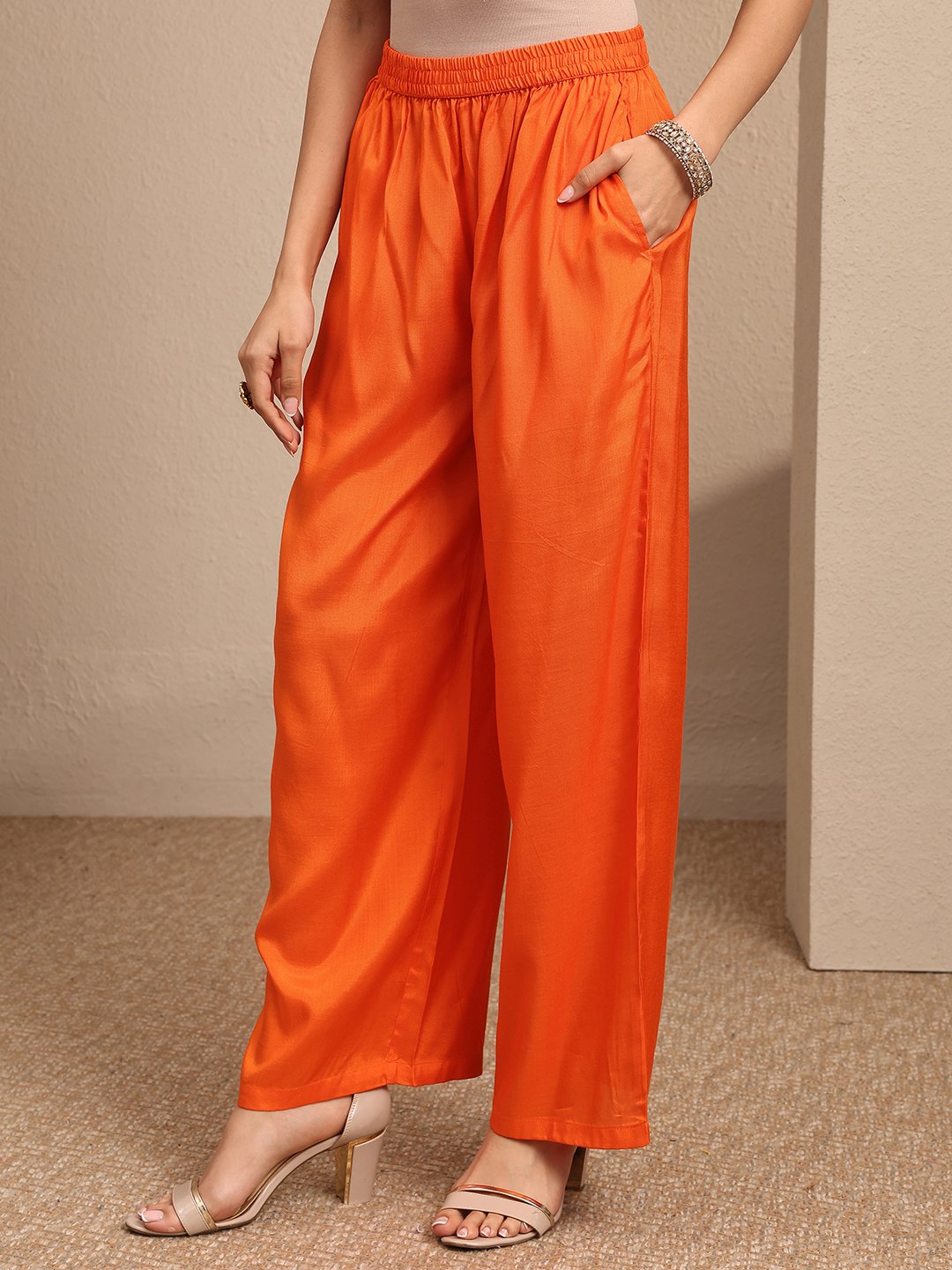 Orange Printed Silk Blend Straight Kurta, Palazzos and Dupatta Set