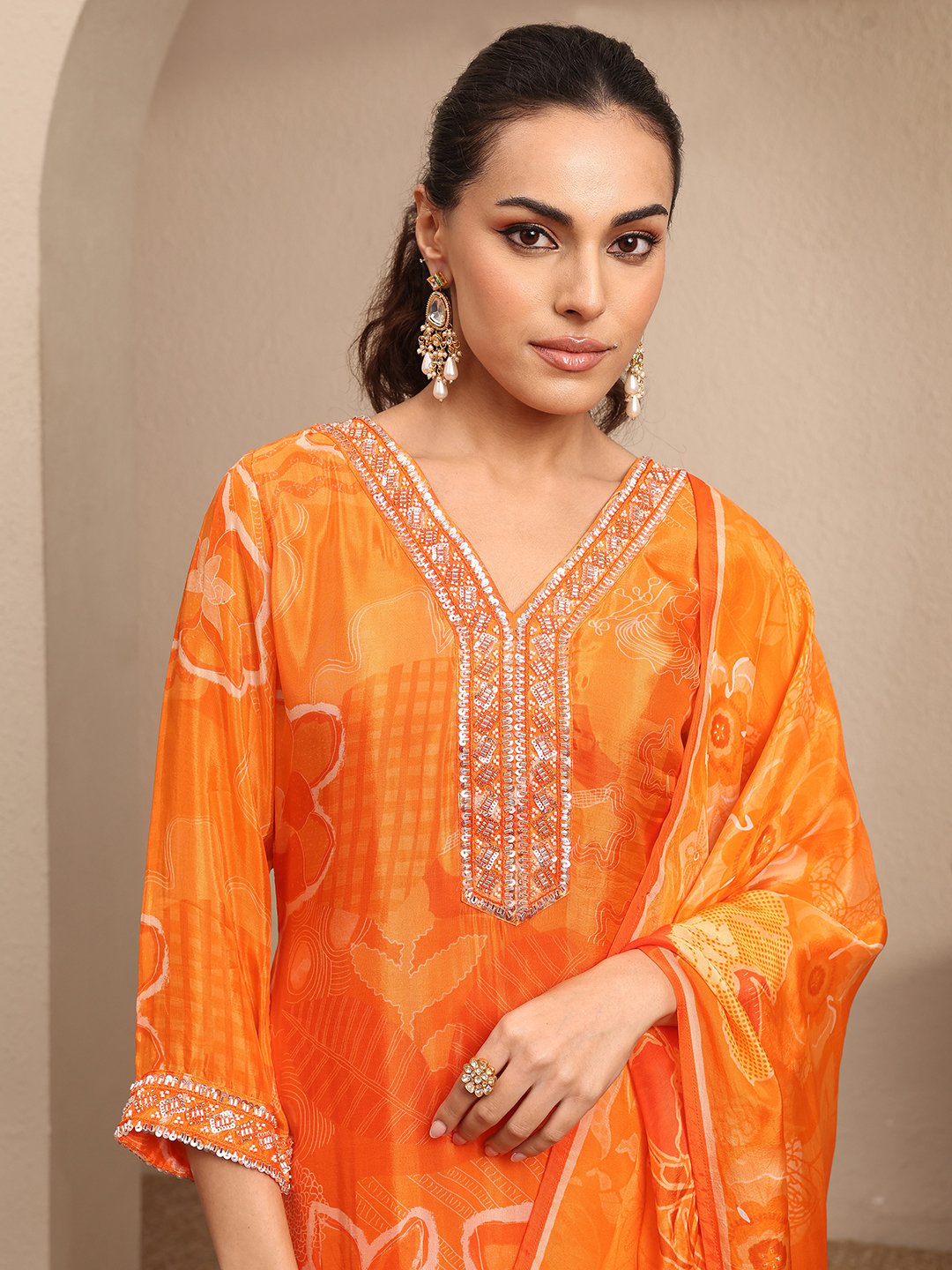 Orange Printed Silk Blend Straight Kurta, Palazzos and Dupatta Set
