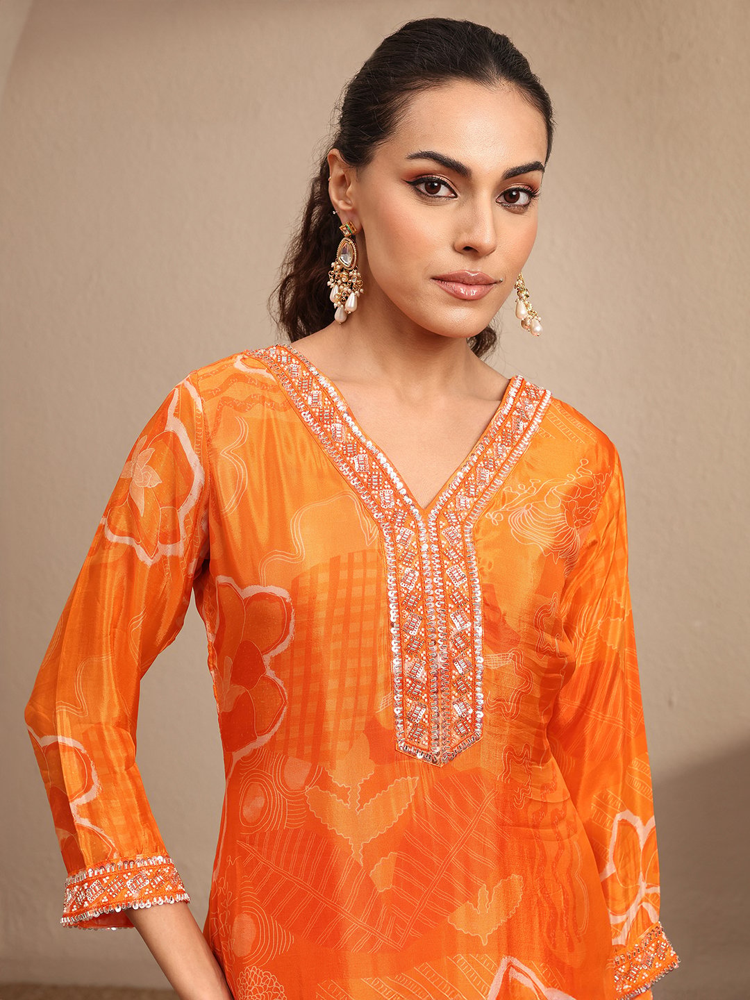 Orange Printed Silk Blend Straight Kurta, Palazzos and Dupatta Set