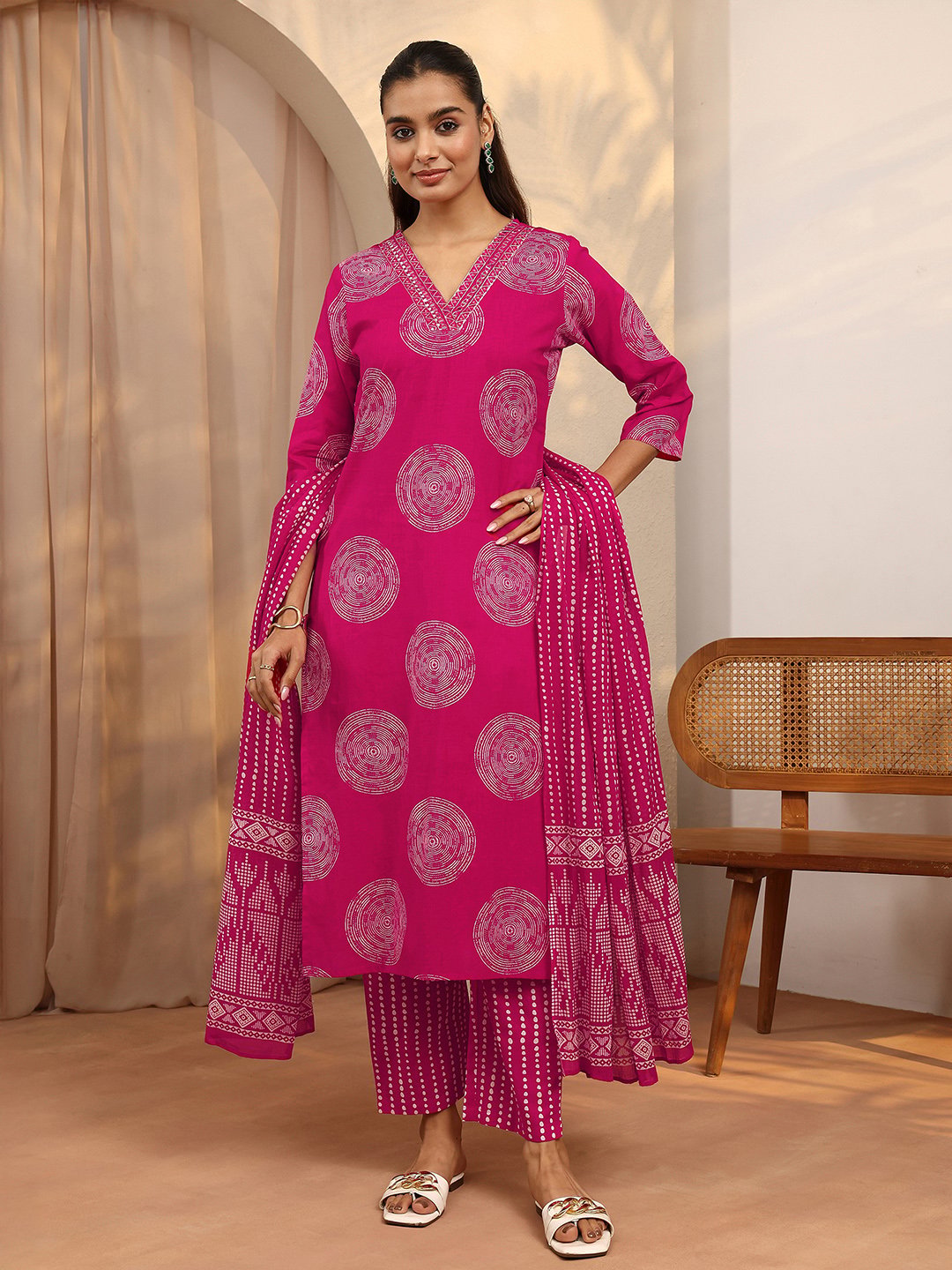 Pink Printed Cotton Straight Kurta, Trousers and Dupatta Set