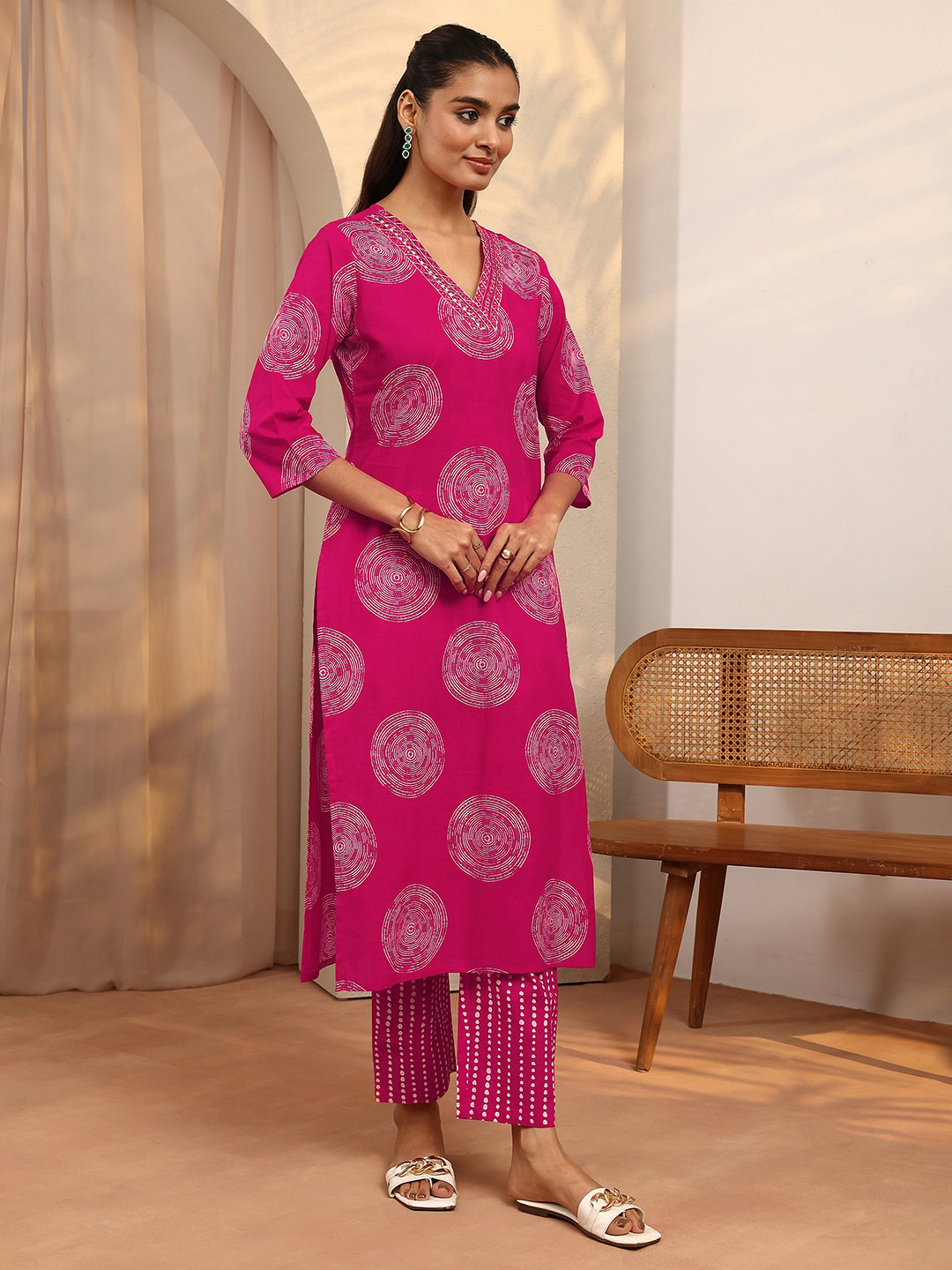 Pink Printed Cotton Straight Kurta, Trousers and Dupatta Set
