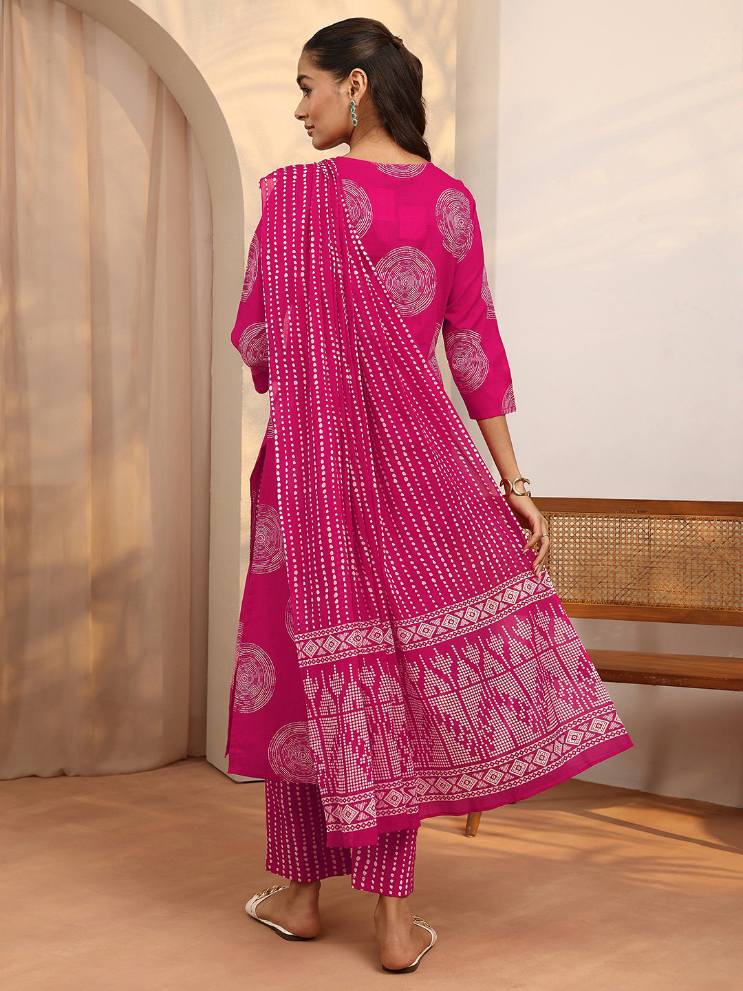 Pink Printed Cotton Straight Kurta, Trousers and Dupatta Set