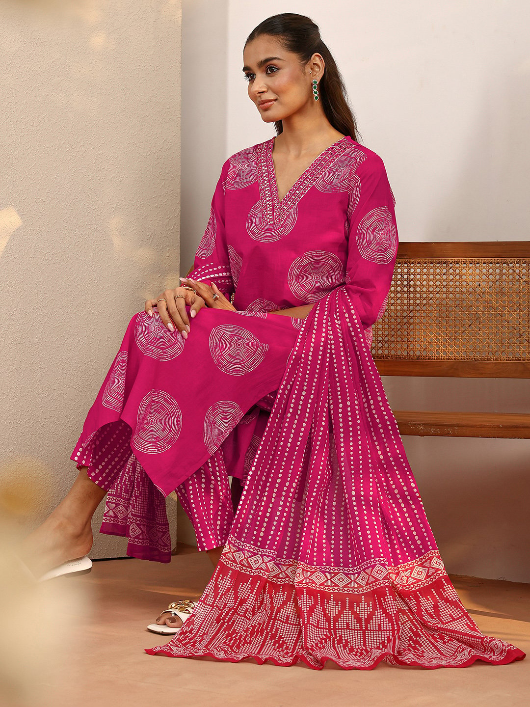 Pink Printed Cotton Straight Kurta, Trousers and Dupatta Set