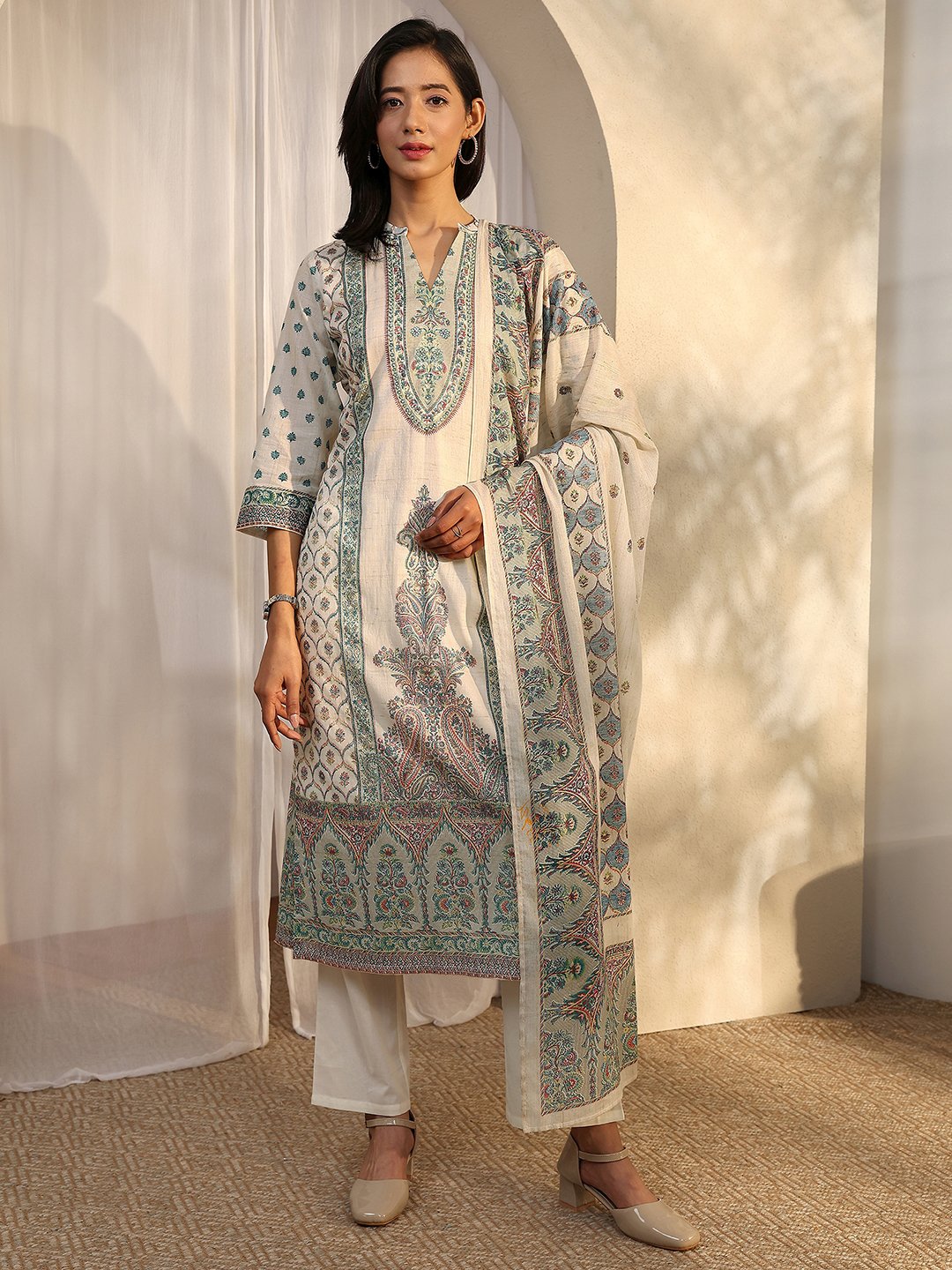 Off White Printed Cotton Straight Kurta, Trousers and Dupatta Set