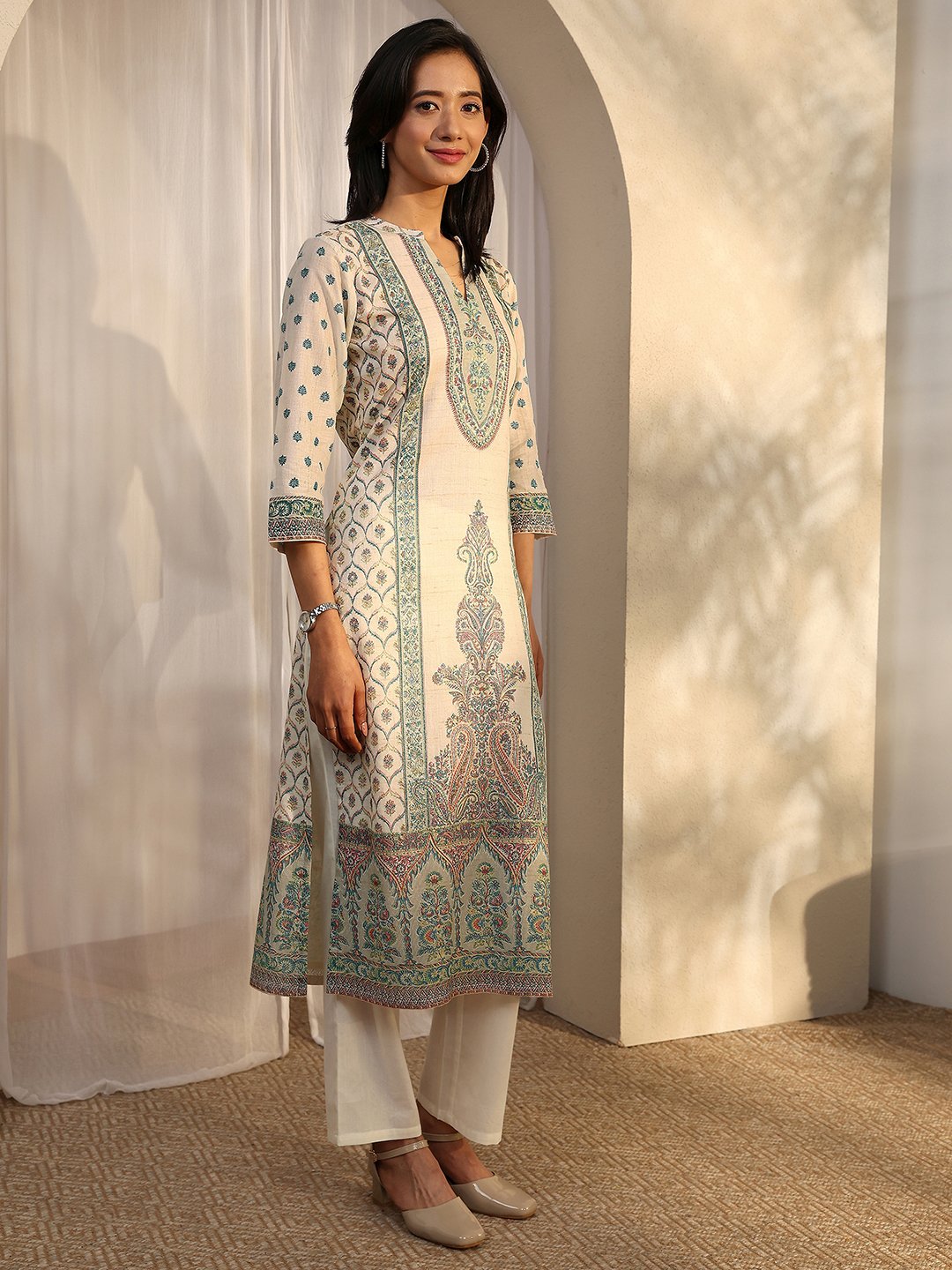 Off White Printed Cotton Straight Kurta, Trousers and Dupatta Set