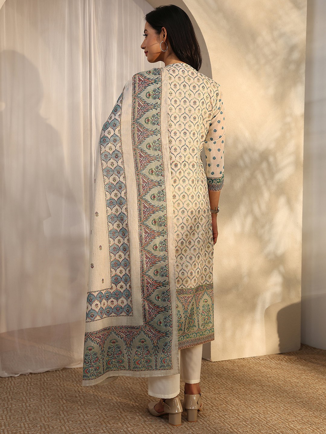 Off White Printed Cotton Straight Kurta, Trousers and Dupatta Set