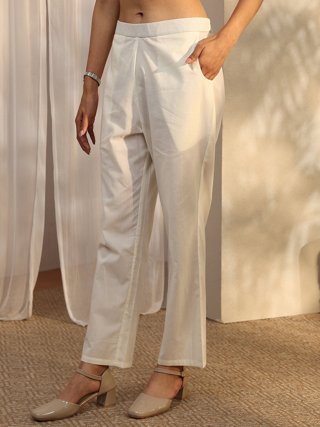 Off White Printed Cotton Straight Kurta, Trousers and Dupatta Set