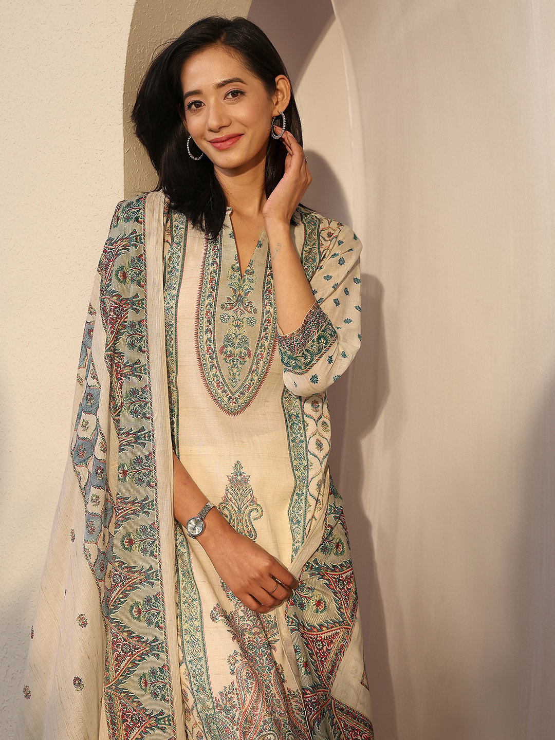 Off White Printed Cotton Straight Kurta, Trousers and Dupatta Set