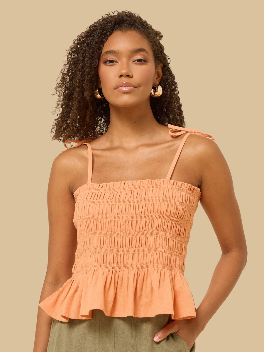 Smocked Strappy Linen Blend Top