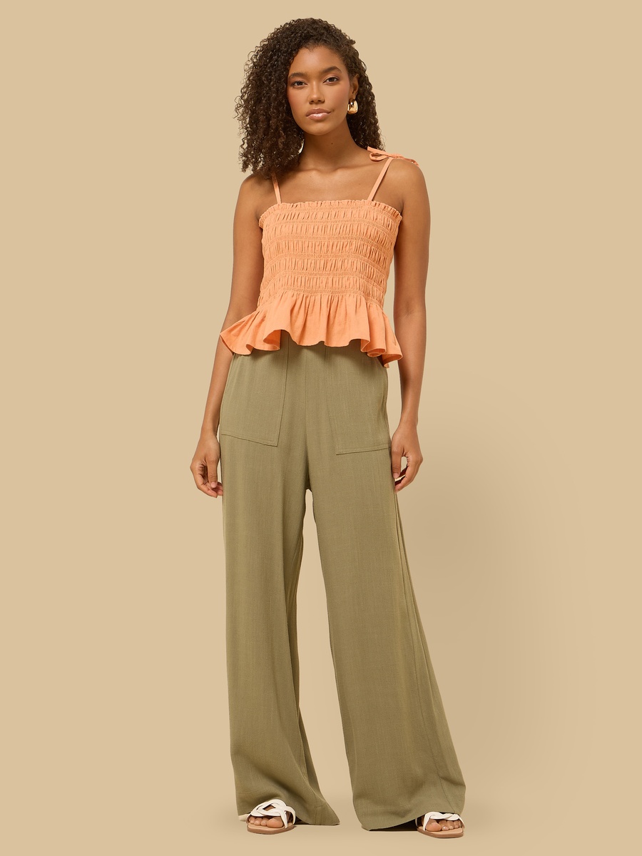 Smocked Strappy Linen Blend Top