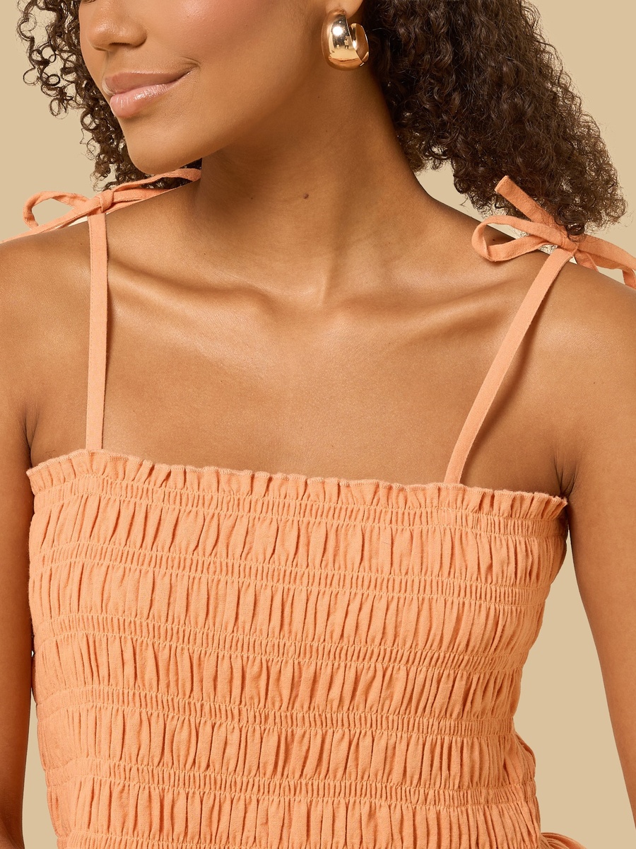 Smocked Strappy Linen Blend Top